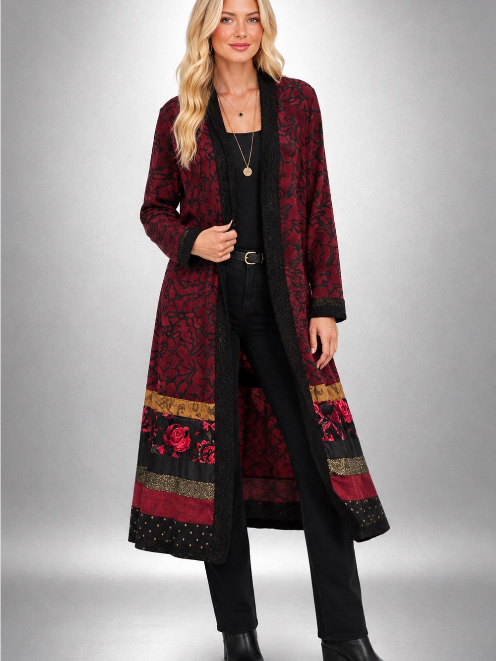 Chico's Burgundy Floral Tapestry Long Duster Coat with Black Trim